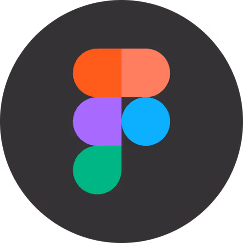 Figma logo with layered colorful shapes on a dark circular background.