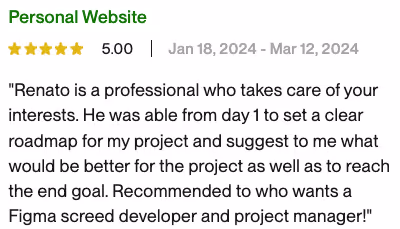 \x22Personal Website\x22 review showing a 5-star rating, a 5.00 score, review dates from Jan 18, 2024 to Mar 12, 2024, and a testimonial praising Renato\x27s professionalism and project management skills.