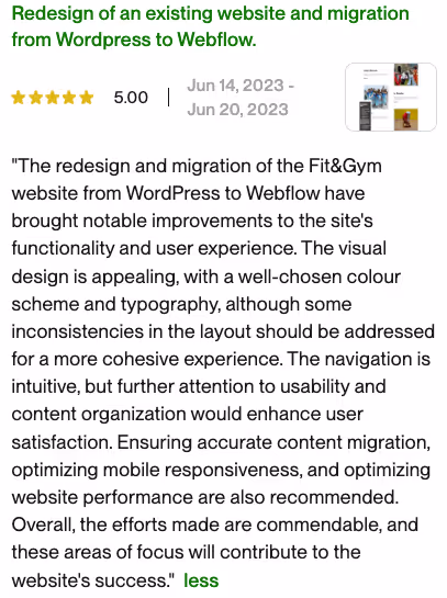 Review highlighting a 5-star rating and positive feedback on the redesign and migration of the Fit\x26Gym website from WordPress to Webflow, noting improved functionality and user experience.